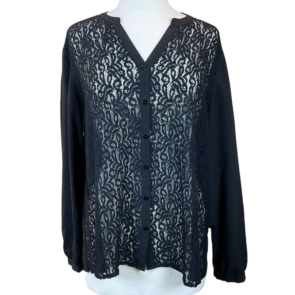 Chicos Long Sleeve V-Neck Black Lace Button-Front Blouse L